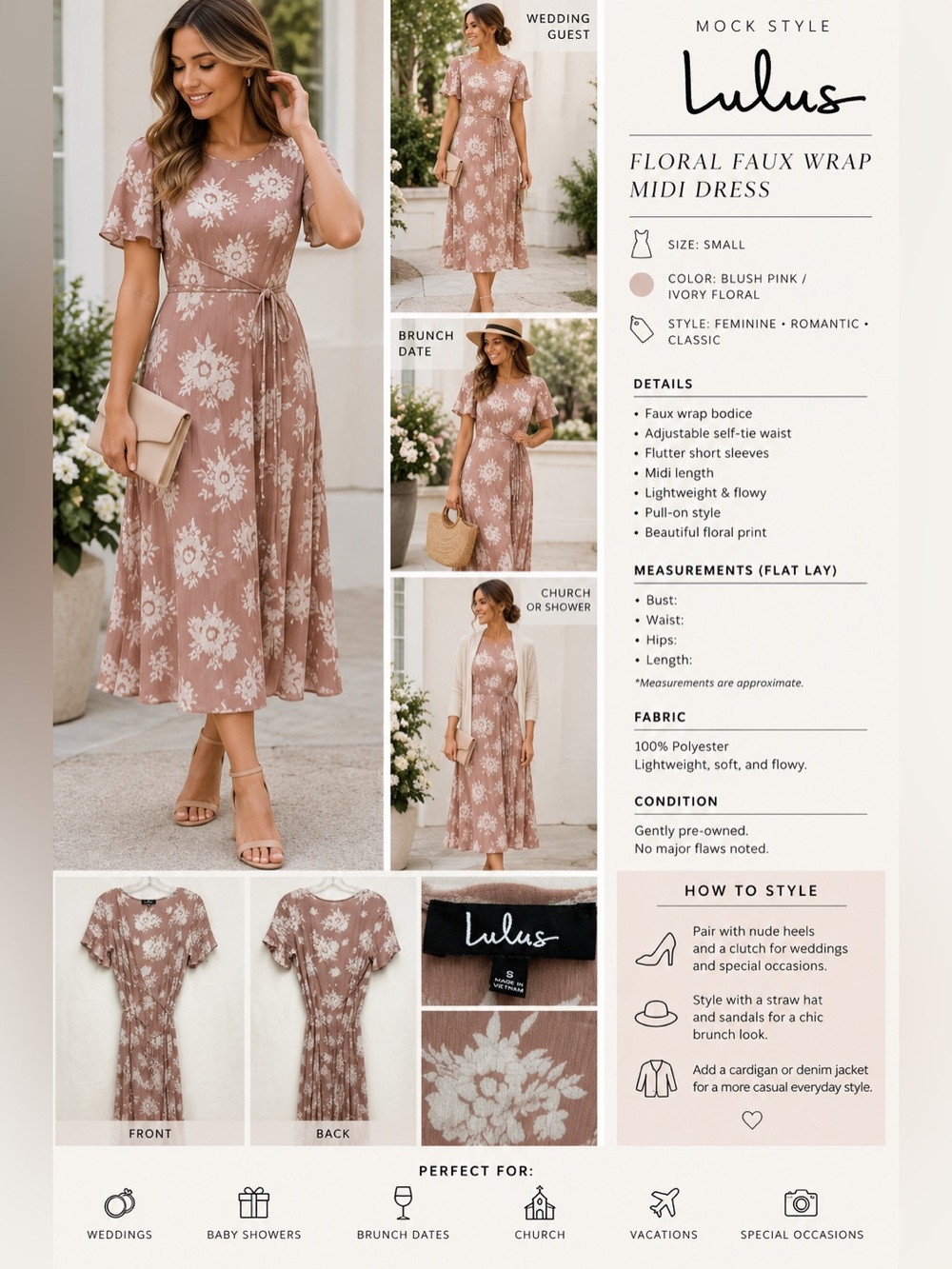 Lulus Blush Pink Floral Faux Wrap Midi Dress Tie Waist Size Small